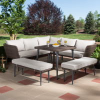 Baxton Studio MLM-210505-Grey Lillian Modern and Contemporary Light Grey Upholstered and Brown Finished 5-Piece Woven Rattan Outdoor Patio Set